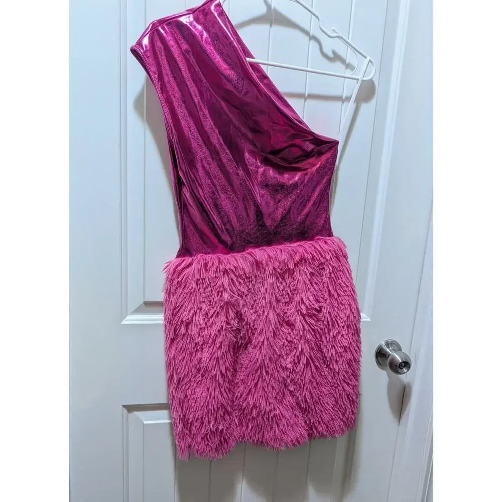 One Shoulder Metallic Feather Hem Cocktail Party Mini Dress Fuchsia Pink Size XS